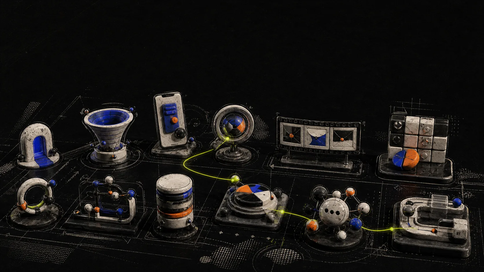 Twelve different Adepta build artifacts arranged as an inspectable physical archive